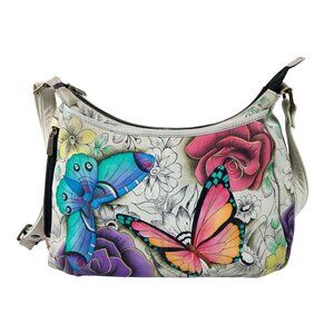 Anuschka Hand Painted Butterflies & Flowers Leather Shoulder Bag